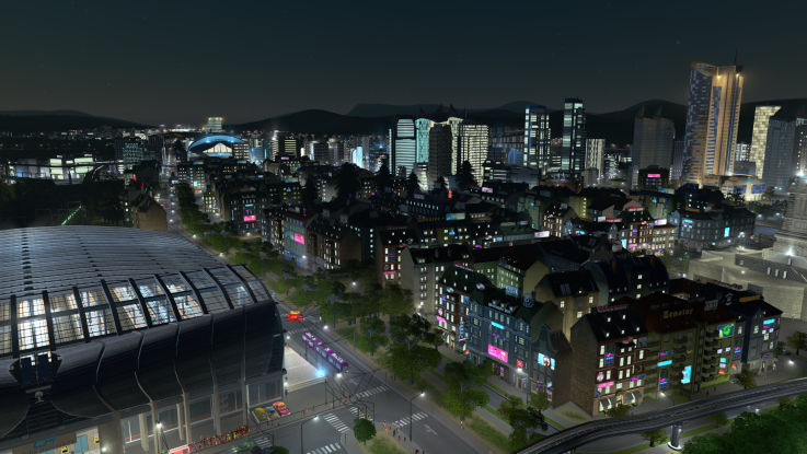 Maisemakuva öisestä suurkaupungista.